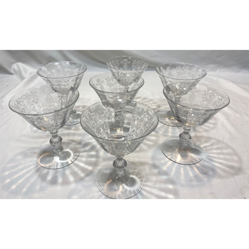 Set Of 7 Vintage Fostoria Arcady Etched Low Sherbet Glasses 1930-1950's